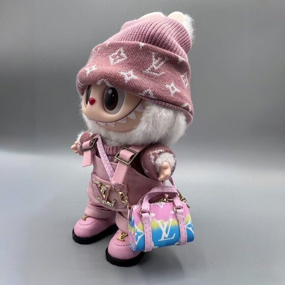 Pink 3 Pieces Overall With Shoes + Purse Fits For Labubu Doll - Picture 3 of 8